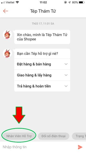 Chat với nhân viên hỗ trợ Shopee