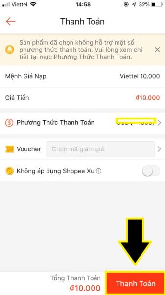 Chọn phương thức thanh toán khi mua mã thẻ điện thoại Shopee