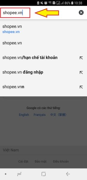 Tìm kiếm shopee.vn trên trình duyệt web 